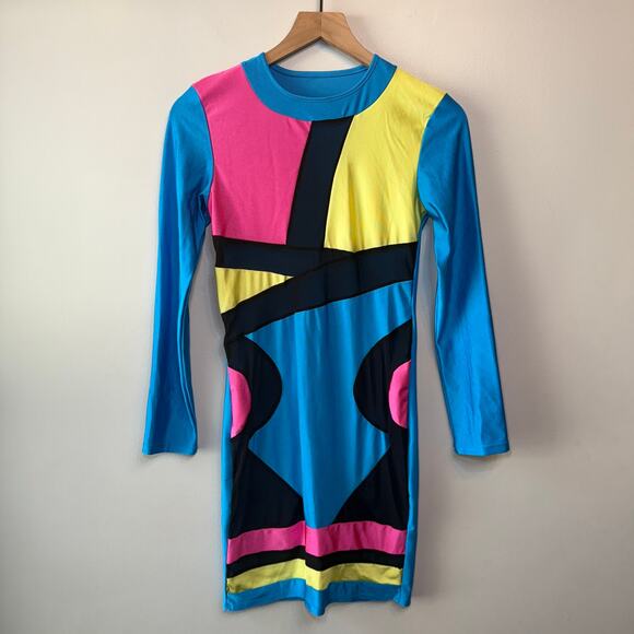 Blue Colorful 80s Long Sleeve Women's Bodycon Mini Dress Stretch Size Large - Picture 1 of 5